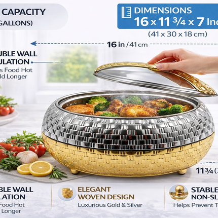 Luxe Thermo Serveerschaal 4L-5L 6L– Dubbelwandige Isolatie – Warm & Koud Houder – RVS & Goud Design – Met Deksel