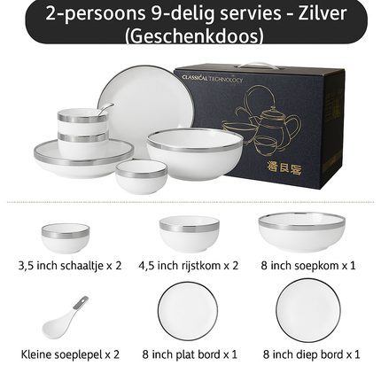 Luxe  9-delige tot 32-delige Porseleinen Servieset – Wit met Zilveren Rand, Moderne Elegantie voor Dineren