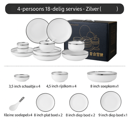 Luxe  9-delige tot 32-delige Porseleinen Servieset – Wit met Zilveren Rand, Moderne Elegantie voor Dineren