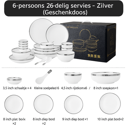 Luxe  9-delige tot 32-delige Porseleinen Servieset – Wit met Zilveren Rand, Moderne Elegantie voor Dineren