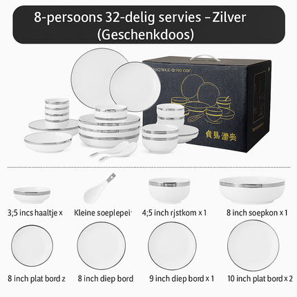 Luxe  9-delige tot 32-delige Porseleinen Servieset – Wit met Zilveren Rand, Moderne Elegantie voor Dineren