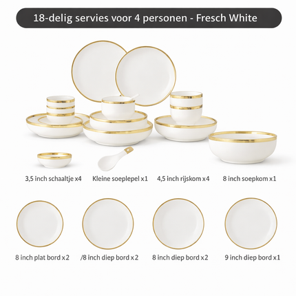 Luxe  9-delige tot 26-delige Porseleinen Servieset – Wit met goud  Rand, Moderne Elegantie voor Dineren