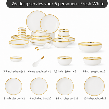Luxe  9-delige tot 26-delige Porseleinen Servieset – Wit met goud  Rand, Moderne Elegantie voor Dineren