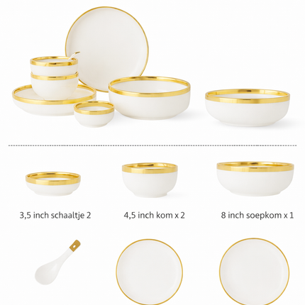 Luxe  9-delige tot 26-delige Porseleinen Servieset – Wit met goud  Rand, Moderne Elegantie voor Dineren