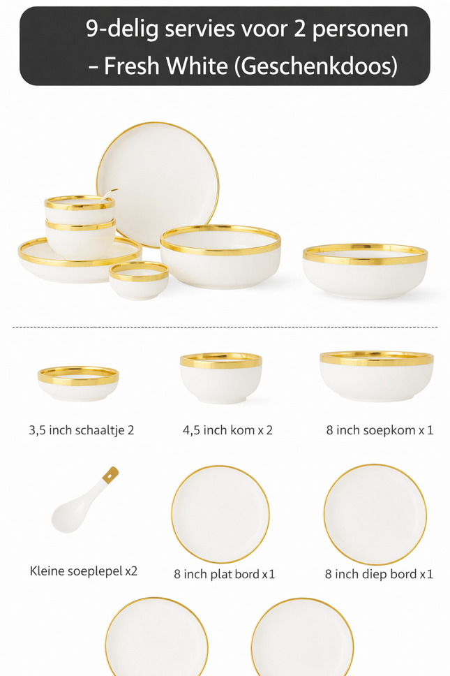 Luxe  9-delige tot 26-delige Porseleinen Servieset – Wit met goud  Rand, Moderne Elegantie voor Dineren
