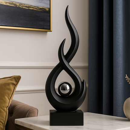 Modern Abstract Sculptuur – Zwart/Wit – Decoratief Beeld met Vlamvorm