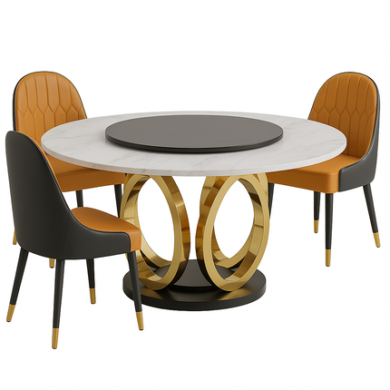 Ronde Eettafel Set – 6 Stoelen – Marmerlook Tafelblad Ø135 cm – Goud RVS Onderstel – Eetkamerset – Montageklaar