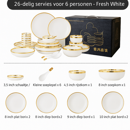 Luxe  9-delige tot 26-delige Porseleinen Servieset – Wit met goud  Rand, Moderne Elegantie voor Dineren