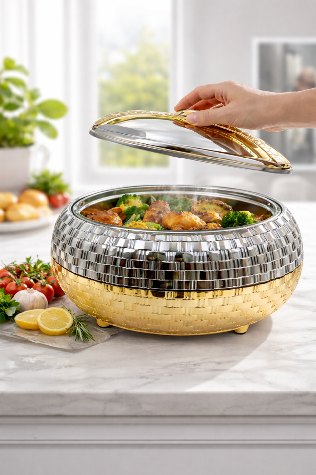 Luxe Thermo Serveerschaal 4L-5L 6L– Dubbelwandige Isolatie – Warm & Koud Houder – RVS & Goud Design – Met Deksel