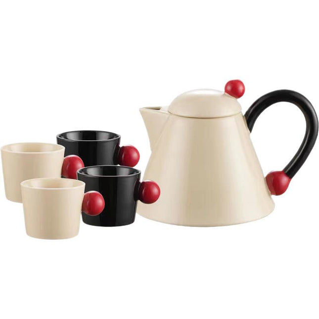 Luxe Theeset met Theepot en 4 Kopjes – Modern Keramiek met Rood Accent, Inclusief Geschenkdoos