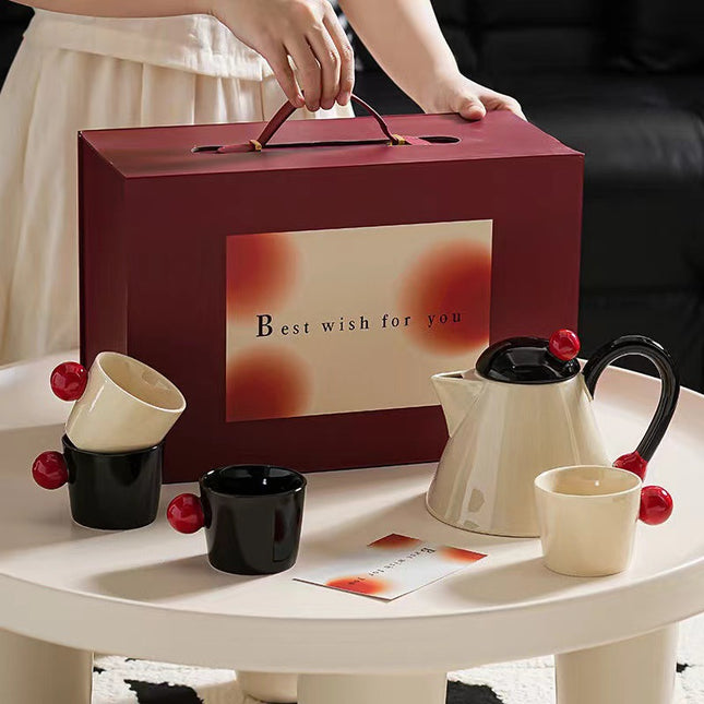 Luxe Theeset met Theepot en 4 Kopjes – Modern Keramiek met Rood Accent, Inclusief Geschenkdoos