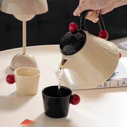 Luxe Theeset met Theepot en 4 Kopjes – Modern Keramiek met Rood Accent, Inclusief Geschenkdoos
