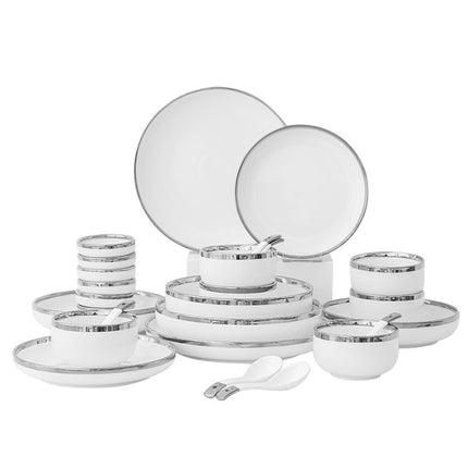 Luxe  9-delige tot 32-delige Porseleinen Servieset – Wit met Zilveren Rand, Moderne Elegantie voor Dineren