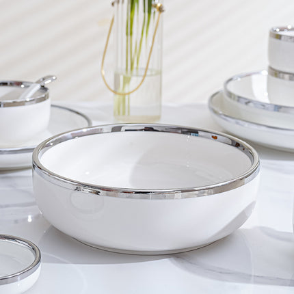 Luxe  9-delige tot 32-delige Porseleinen Servieset – Wit met Zilveren Rand, Moderne Elegantie voor Dineren