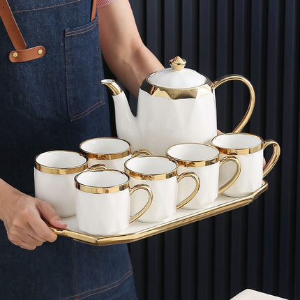 Porseleinen Theeset met Gouden Rand – 7-delig (6 kopjes + Theepot + Dienblad