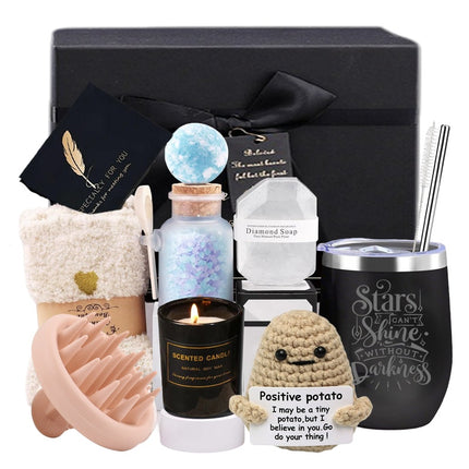 Luxe Zelfzorg Cadeaubox – Wellness Giftset met Geurkaars, Positive Potato, Diamant Zeep & Thermobeker