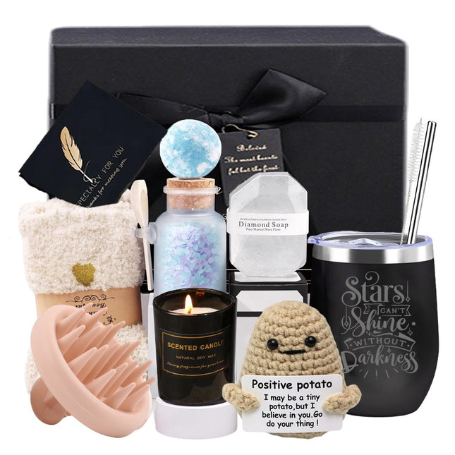Luxe Zelfzorg Cadeaubox – Wellness Giftset met Geurkaars, Positive Potato, Diamant Zeep & Thermobeker