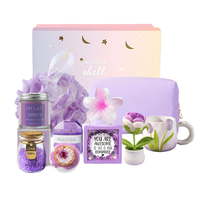 Luxe Wellness Cadeaubox Paars – Zelfzorg Giftset met Geurkaars, Diamant Zeep, Mok & Positieve Quote