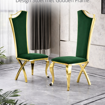Luxe Eetkamerstoel Groen Velvet Design Stoel met Gouden Fram