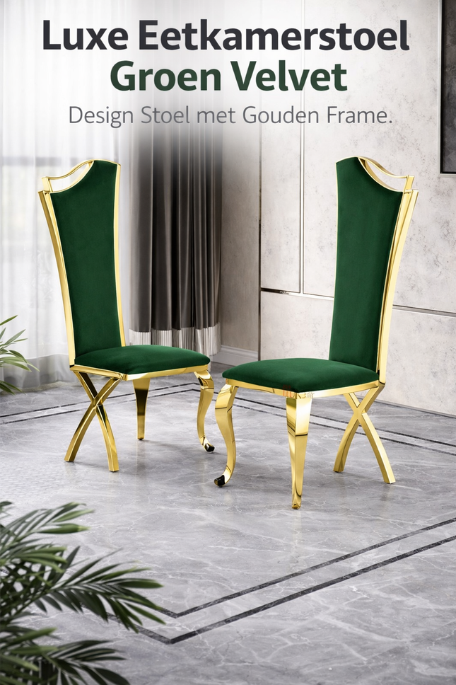 Luxe Eetkamerstoel Groen Velvet Design Stoel met Gouden Fram