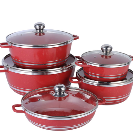 Luxe 5-delige rood Pannenset met Glasdeksels – Duurzaam & Stijlvol