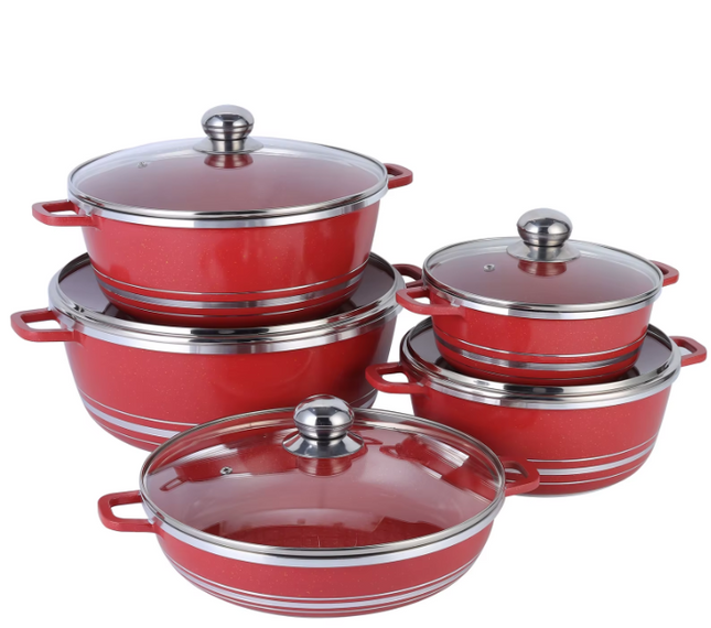 Luxe 5-delige rood Pannenset met Glasdeksels – Duurzaam & Stijlvol